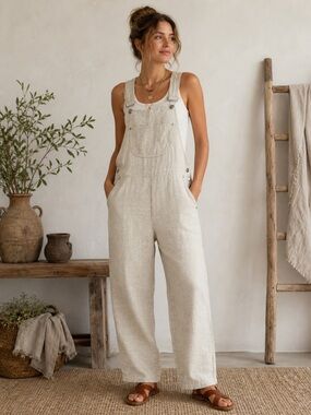 Lagenlook 100% Linen Bib Overalls Cream Utility Casual Boho Garden Girl Earthy
